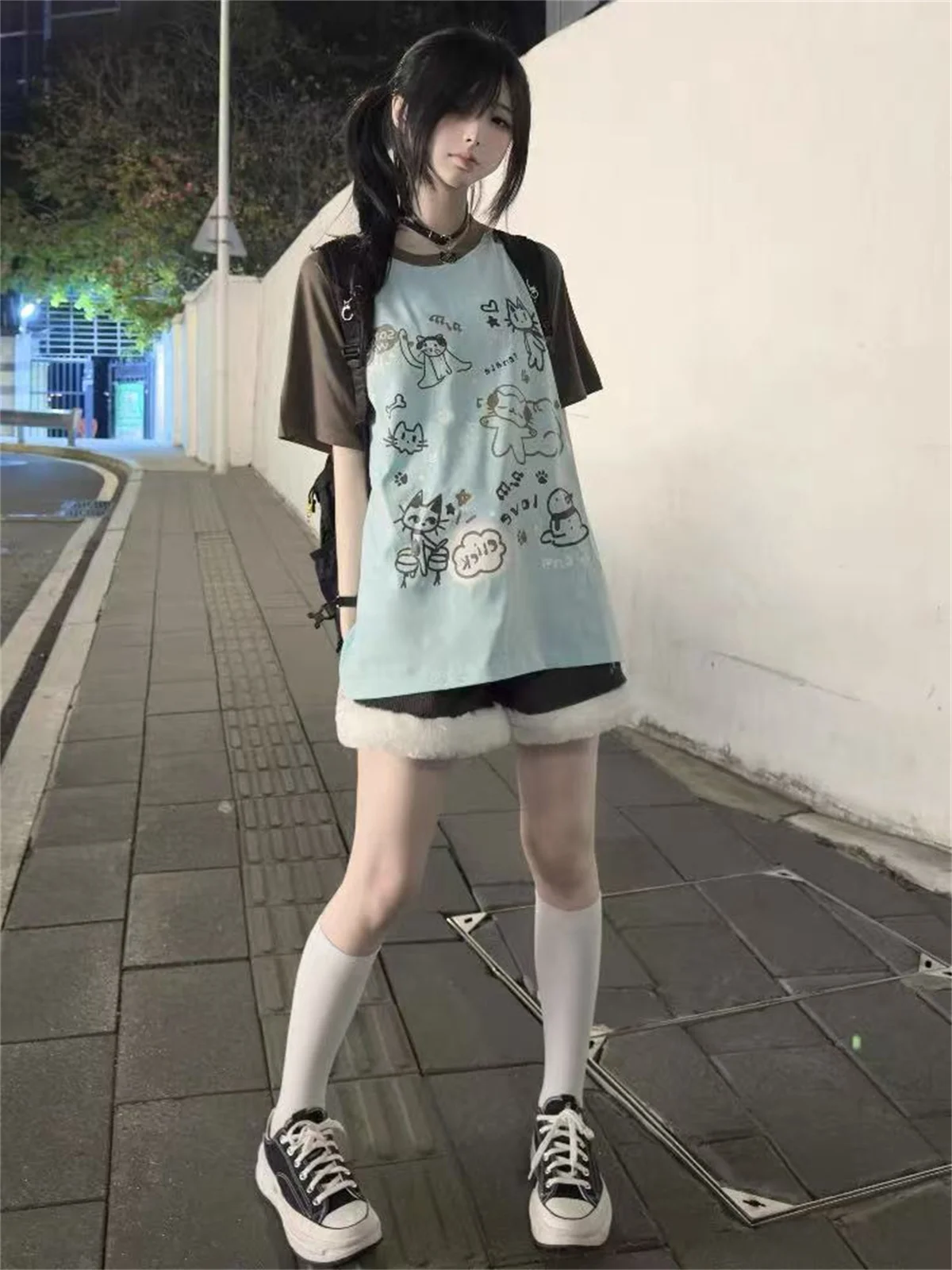 Women Japanese Cartoon Printing Tops E-girl Fairycore Contrast Color Cute Graphic T Shirt Y2k Aesthetics Grunge Casual T-shirt