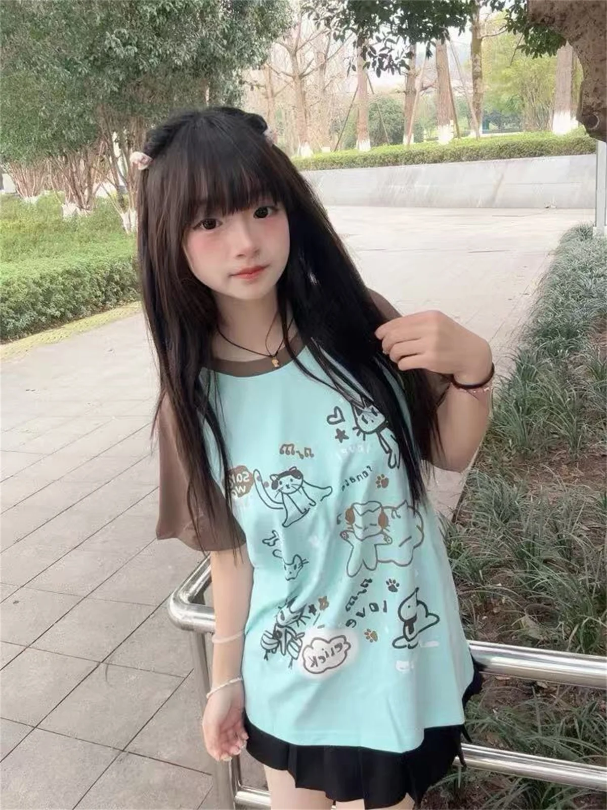 Women Japanese Cartoon Printing Tops E-girl Fairycore Contrast Color Cute Graphic T Shirt Y2k Aesthetics Grunge Casual T-shirt