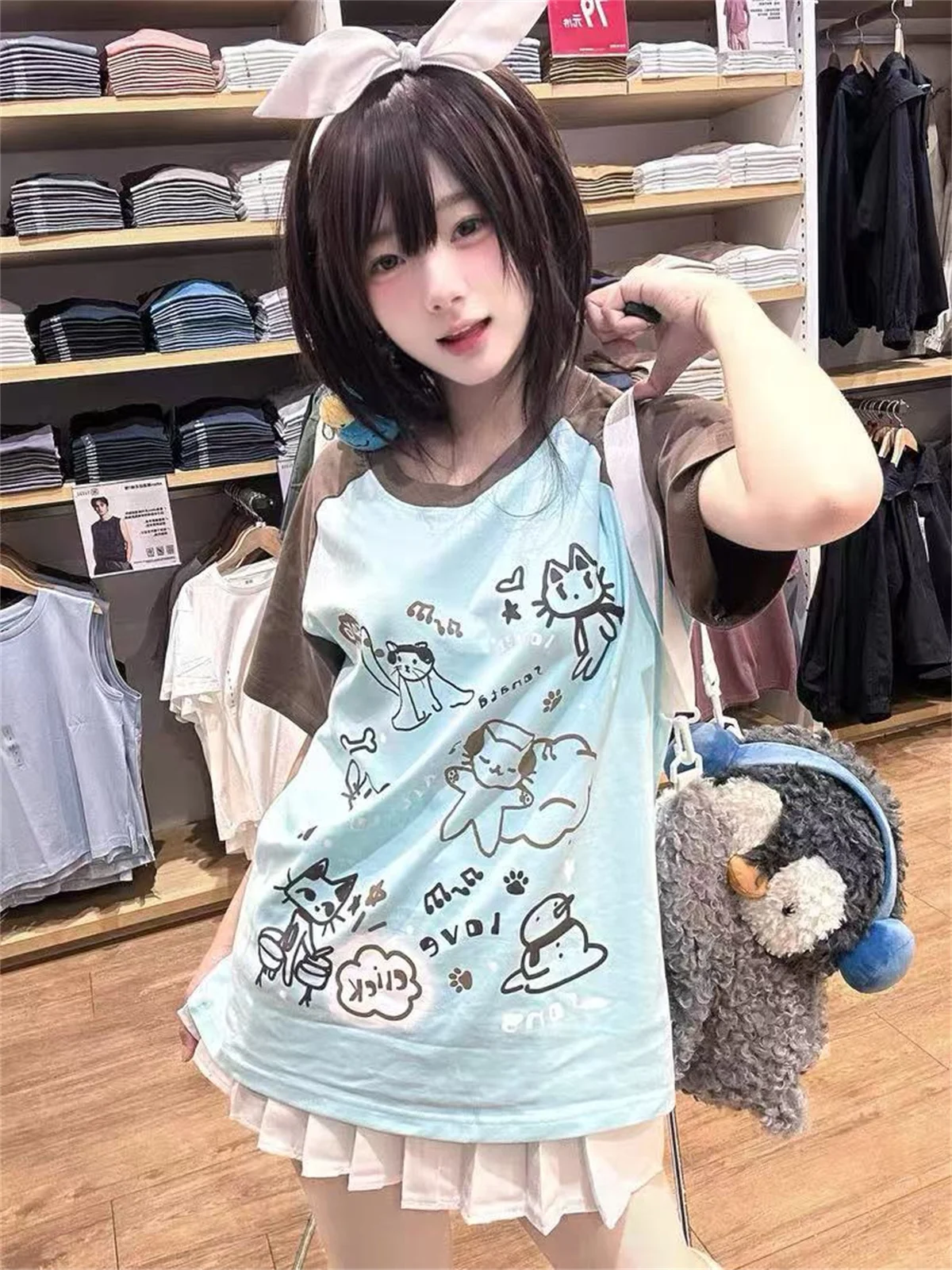 Women Japanese Cartoon Printing Tops E-girl Fairycore Contrast Color Cute Graphic T Shirt Y2k Aesthetics Grunge Casual T-shirt