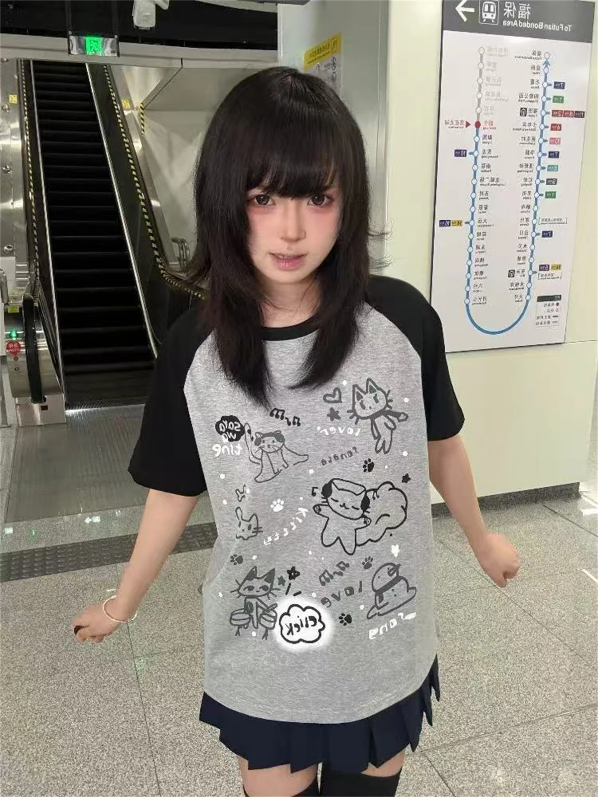Women Japanese Cartoon Printing Tops E-girl Fairycore Contrast Color Cute Graphic T Shirt Y2k Aesthetics Grunge Casual T-shirt