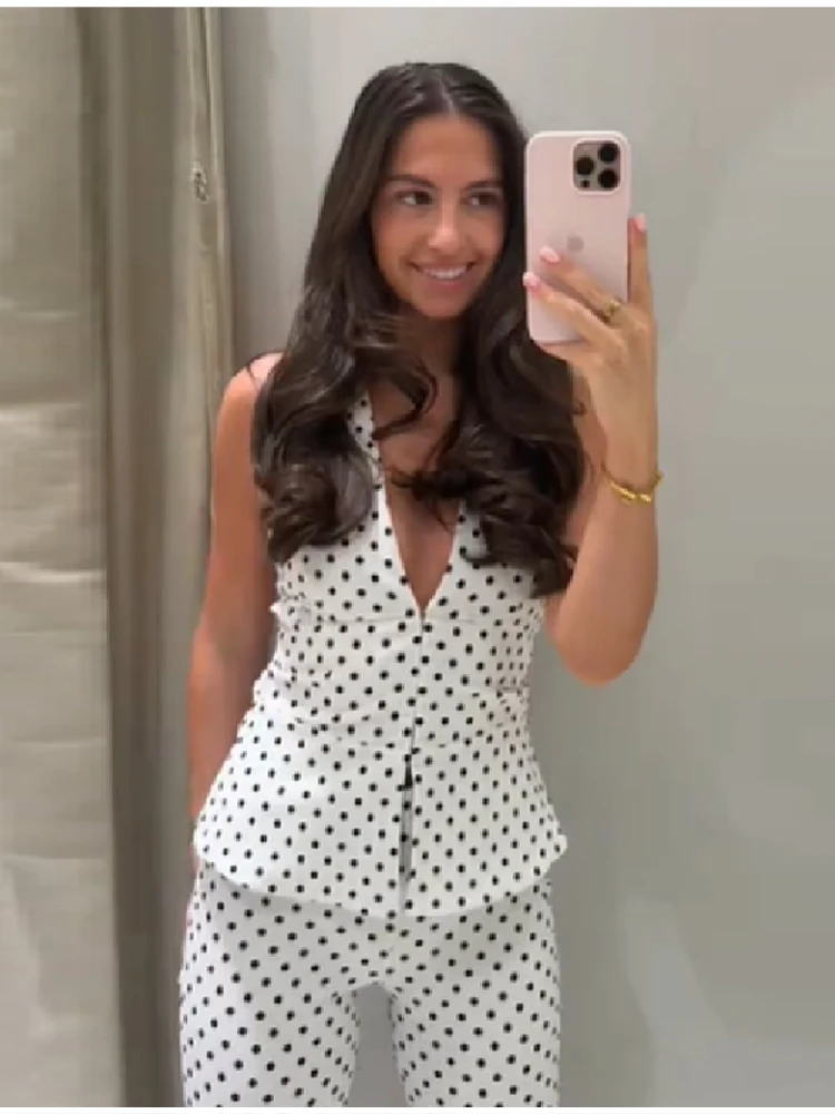 Retro Modern Polka Dot Set Halter Deep V Neck Vest Top Flared Pants Women Party Timeless Chic Female Classic Stylish Outfits
