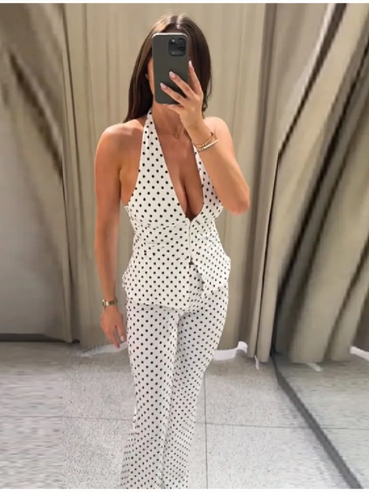 Retro Modern Polka Dot Set Halter Deep V Neck Vest Top Flared Pants Women Party Timeless Chic Female Classic Stylish Outfits