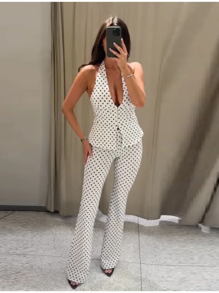 Retro Modern Polka Dot Set Halter Deep V Neck Vest Top Flared Pants Women Party Timeless Chic Female Classic Stylish Outfits