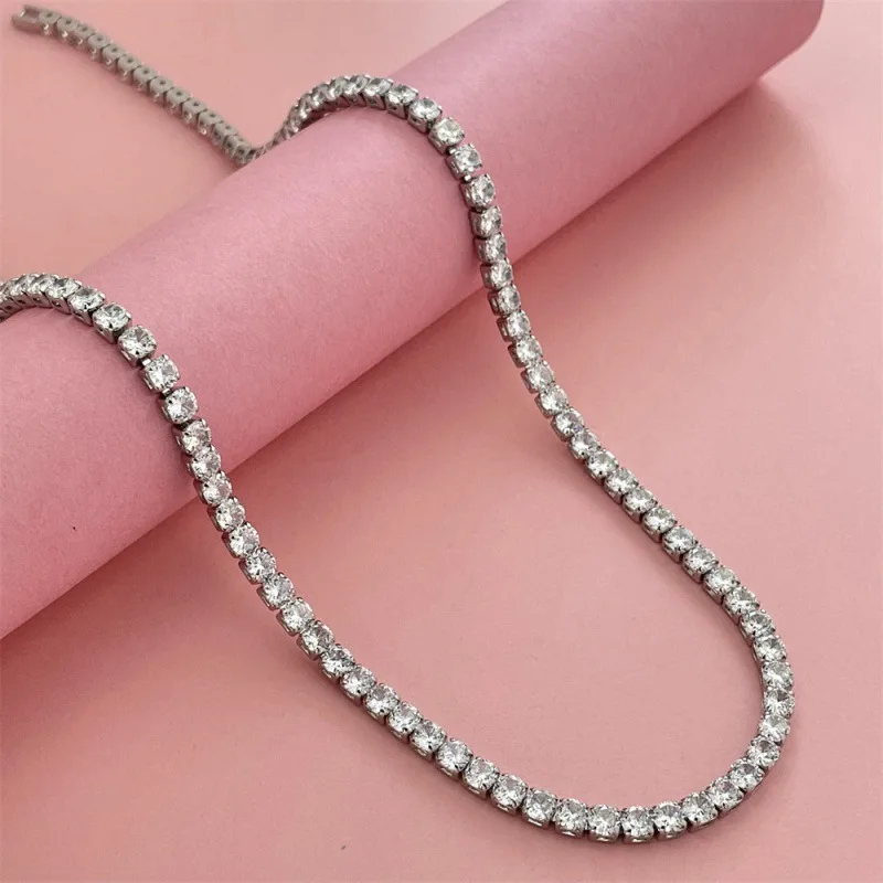 925 Sterling Silver 4MM Tennis Chain Necklace for Women, Iced Out Cubic Zirconia Choker, Luxury Wedding Party Jewelry Gift