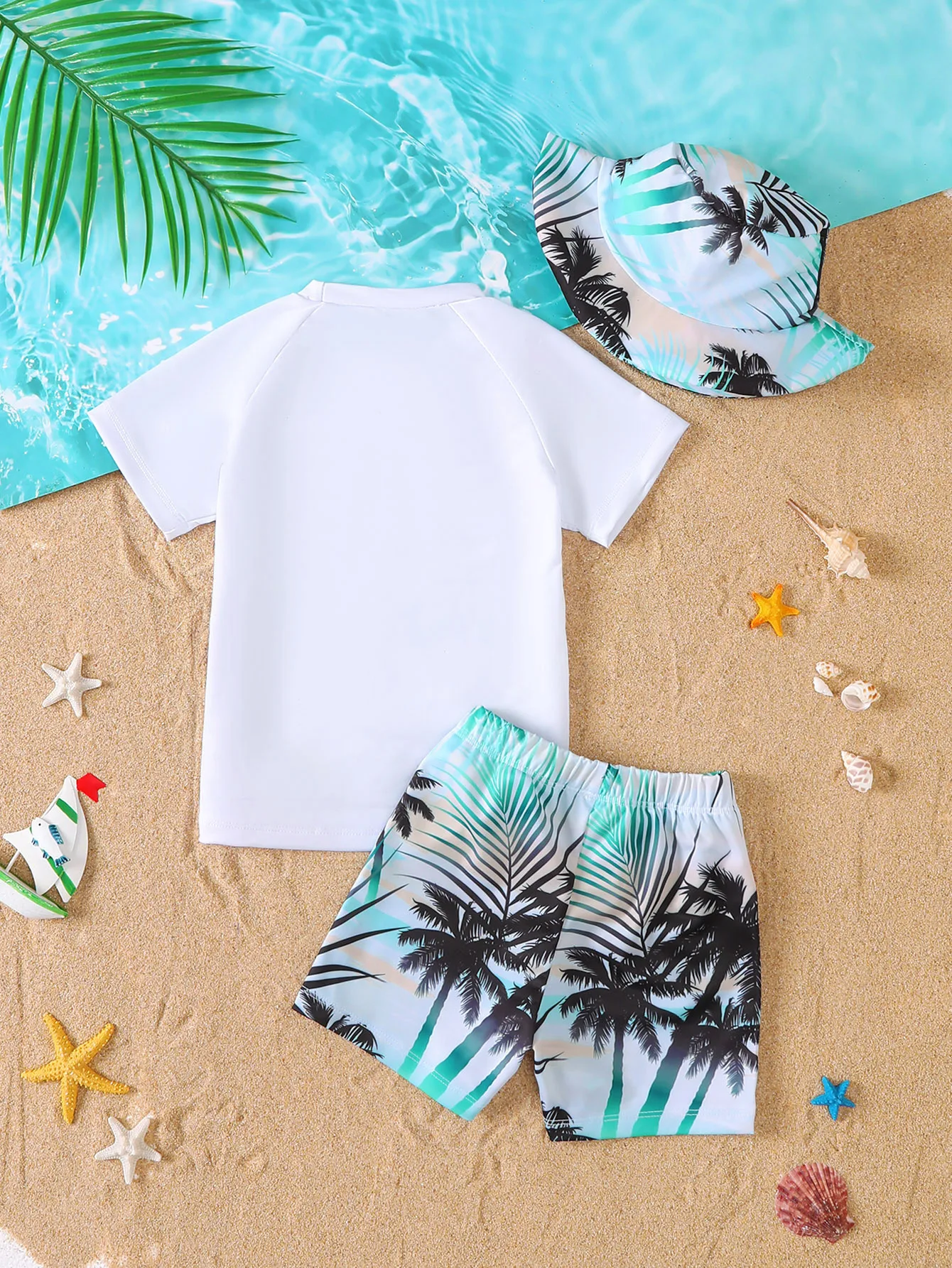 Baby Boys Summer Casual Short Sleeve Shorts Swimsuit Set with Hat Toddler Swimwear Ensemble