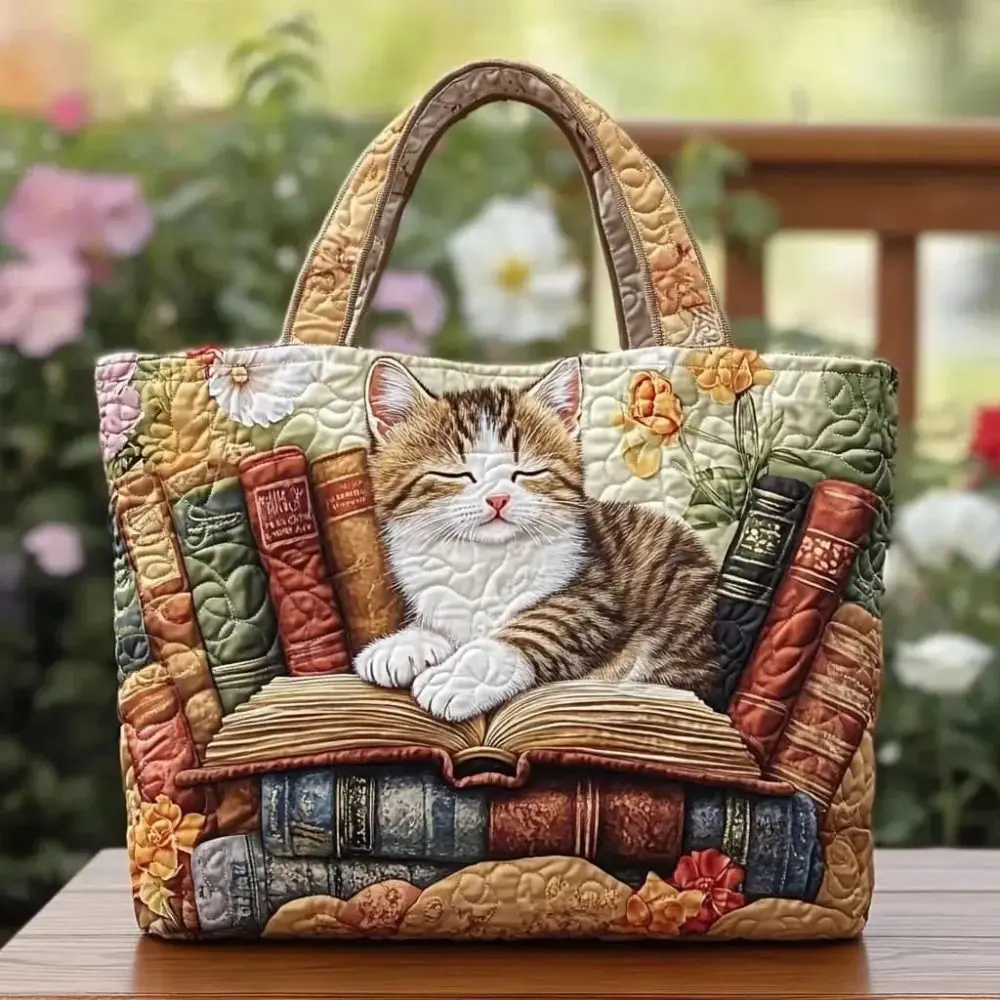 Cat Patterns Women Quilted Tote Bag Vintage Lightweight Canvas Shoulder Bag Large Capacity Cotton Travel Handbag Lady Girl