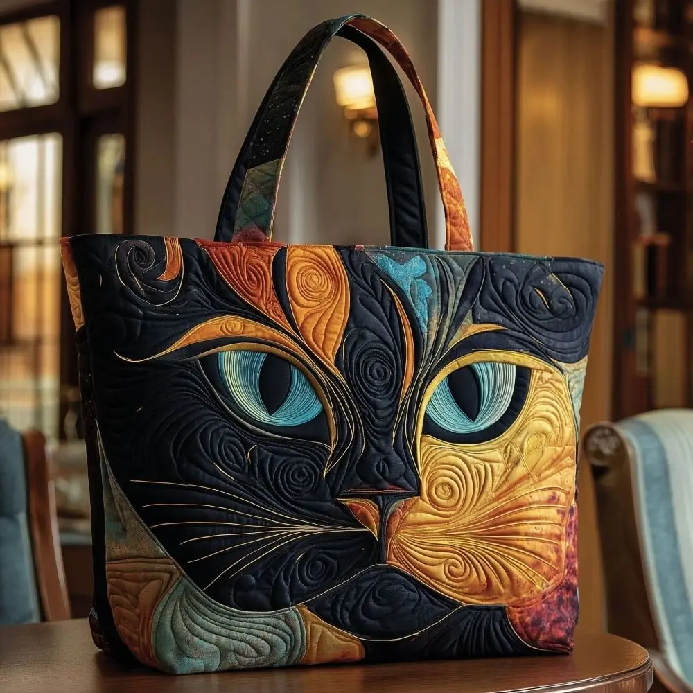 Cat Patterns Women Quilted Tote Bag Vintage Lightweight Canvas Shoulder Bag Large Capacity Cotton Travel Handbag Lady Girl