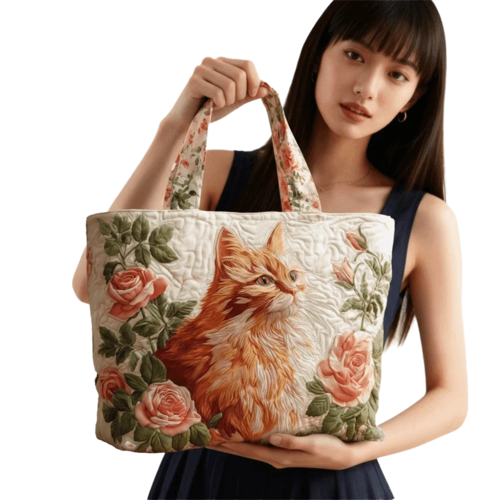 Cat Patterns Women Quilted Tote Bag Vintage Lightweight Canvas Shoulder Bag Large Capacity Cotton Travel Handbag Lady Girl