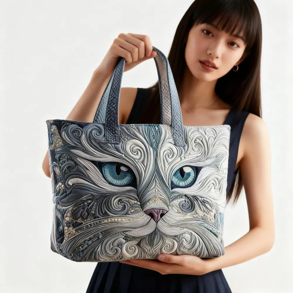 Cat Patterns Women Quilted Tote Bag Vintage Lightweight Canvas Shoulder Bag Large Capacity Cotton Travel Handbag Lady Girl