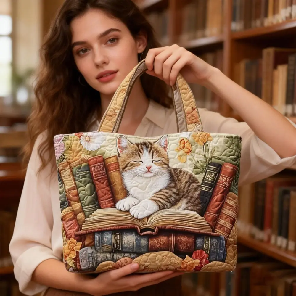 Cat Patterns Women Quilted Tote Bag Vintage Lightweight Canvas Shoulder Bag Large Capacity Cotton Travel Handbag Lady Girl