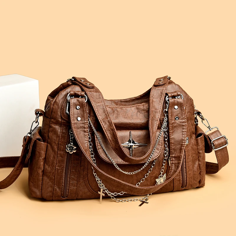 Retro Punk Women Crossbody Bag Metal Chain Multi Pocket Large Capacity PU Adjustable Strap Shoulder Bag for Commute Shopping