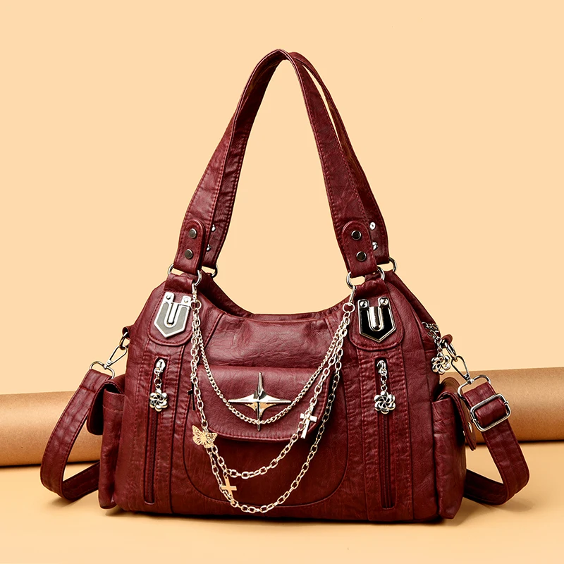 Retro Punk Women Crossbody Bag Metal Chain Multi Pocket Large Capacity PU Adjustable Strap Shoulder Bag for Commute Shopping