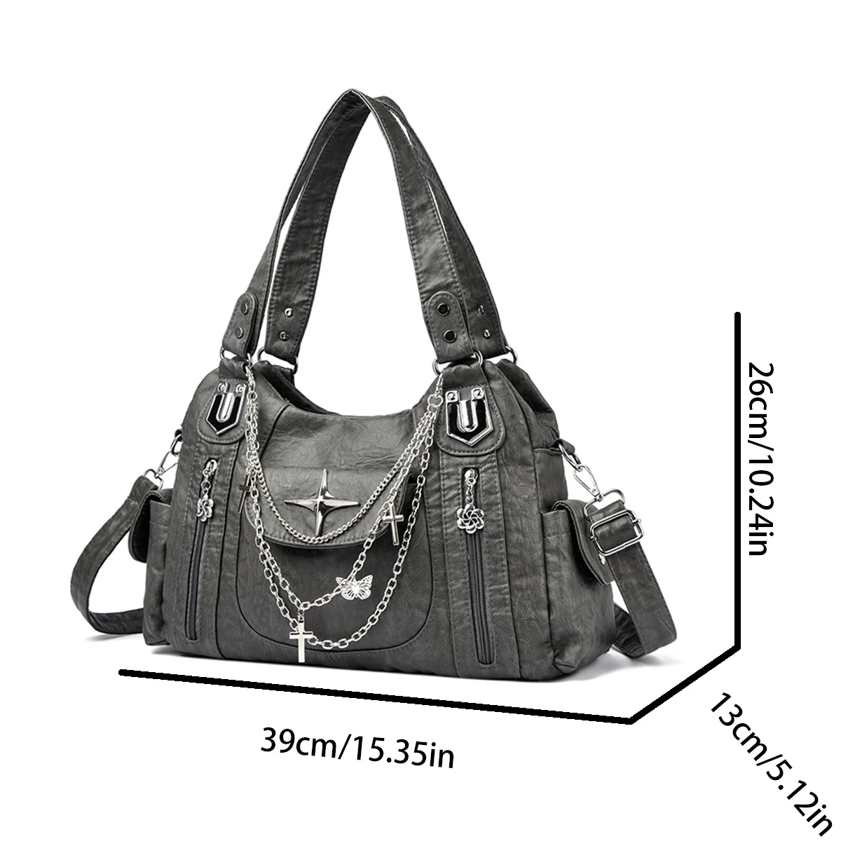 Retro Punk Women Crossbody Bag Metal Chain Multi Pocket Large Capacity PU Adjustable Strap Shoulder Bag for Commute Shopping