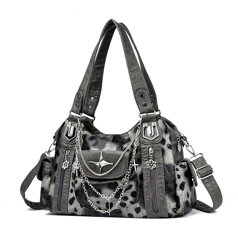 Retro Punk Women Crossbody Bag Metal Chain Multi Pocket Large Capacity PU Adjustable Strap Shoulder Bag for Commute Shopping