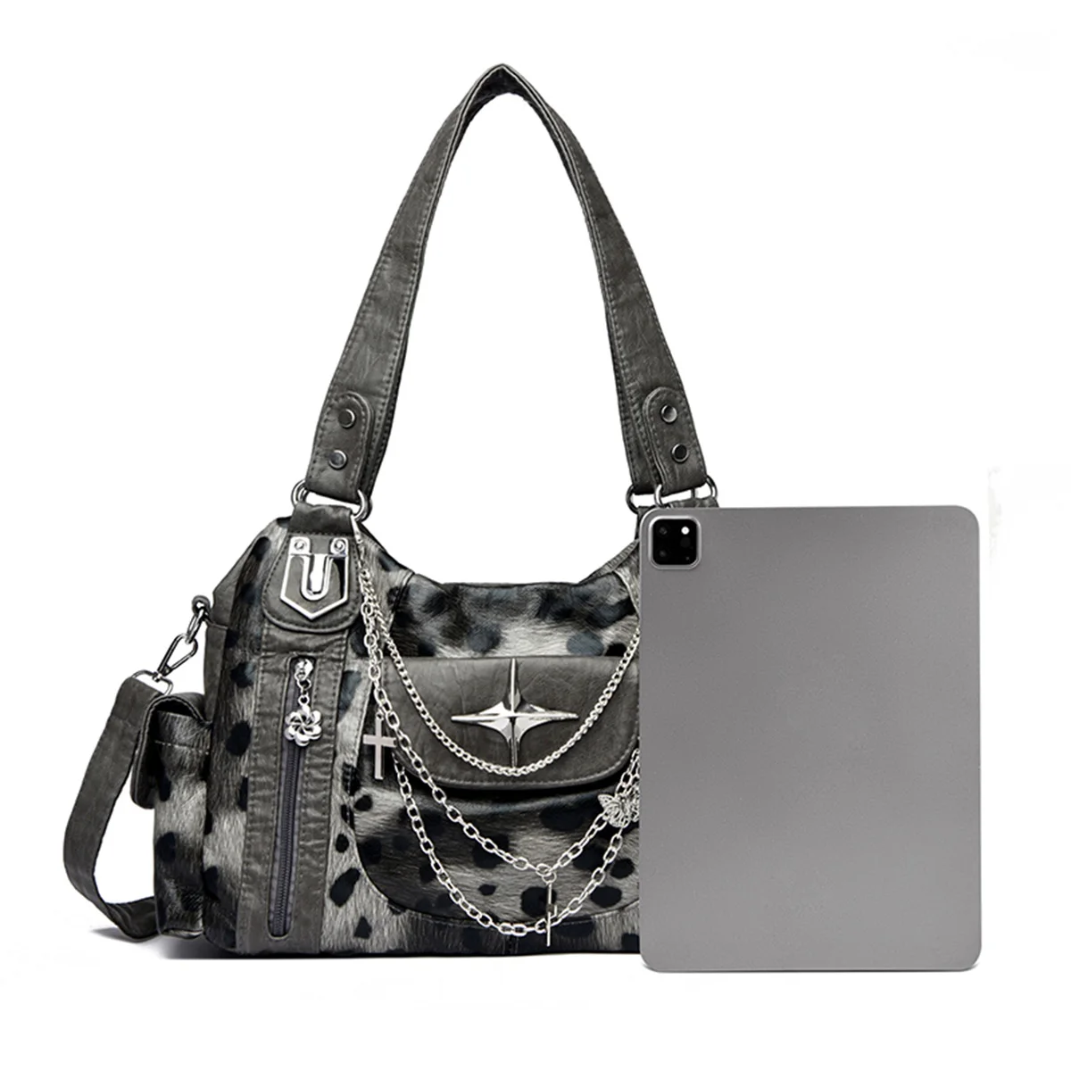 Retro Punk Women Crossbody Bag Metal Chain Multi Pocket Large Capacity PU Adjustable Strap Shoulder Bag for Commute Shopping