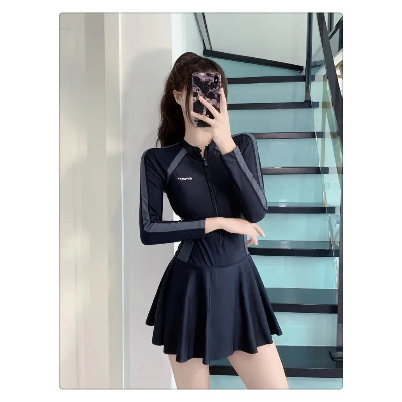 Athletic Long Sleeve One Piece Swimsuit Dress with Zipper Front Color Block Panel Tummy Control Swimwear for Beach Pool Training