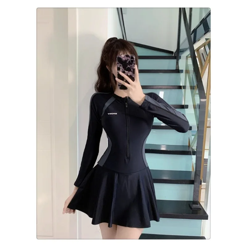 Athletic Long Sleeve One Piece Swimsuit Dress with Zipper Front Color Block Panel Tummy Control Swimwear for Beach Pool Training