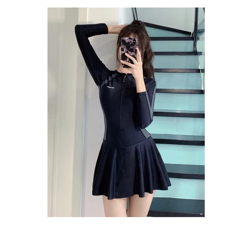 Athletic Long Sleeve One Piece Swimsuit Dress with Zipper Front Color Block Panel Tummy Control Swimwear for Beach Pool Training