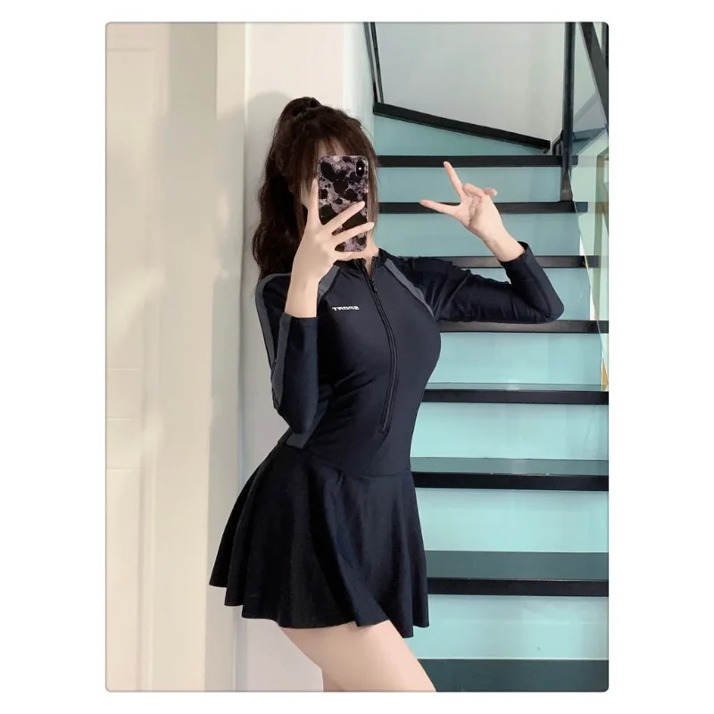 Athletic Long Sleeve One Piece Swimsuit Dress with Zipper Front Color Block Panel Tummy Control Swimwear for Beach Pool Training