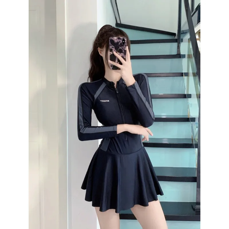 Athletic Long Sleeve One Piece Swimsuit Dress with Zipper Front Color Block Panel Tummy Control Swimwear for Beach Pool Training