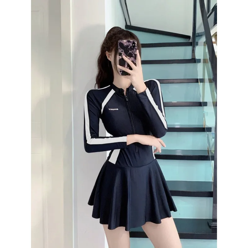 Athletic Long Sleeve One Piece Swimsuit Dress with Zipper Front Color Block Panel Tummy Control Swimwear for Beach Pool Training