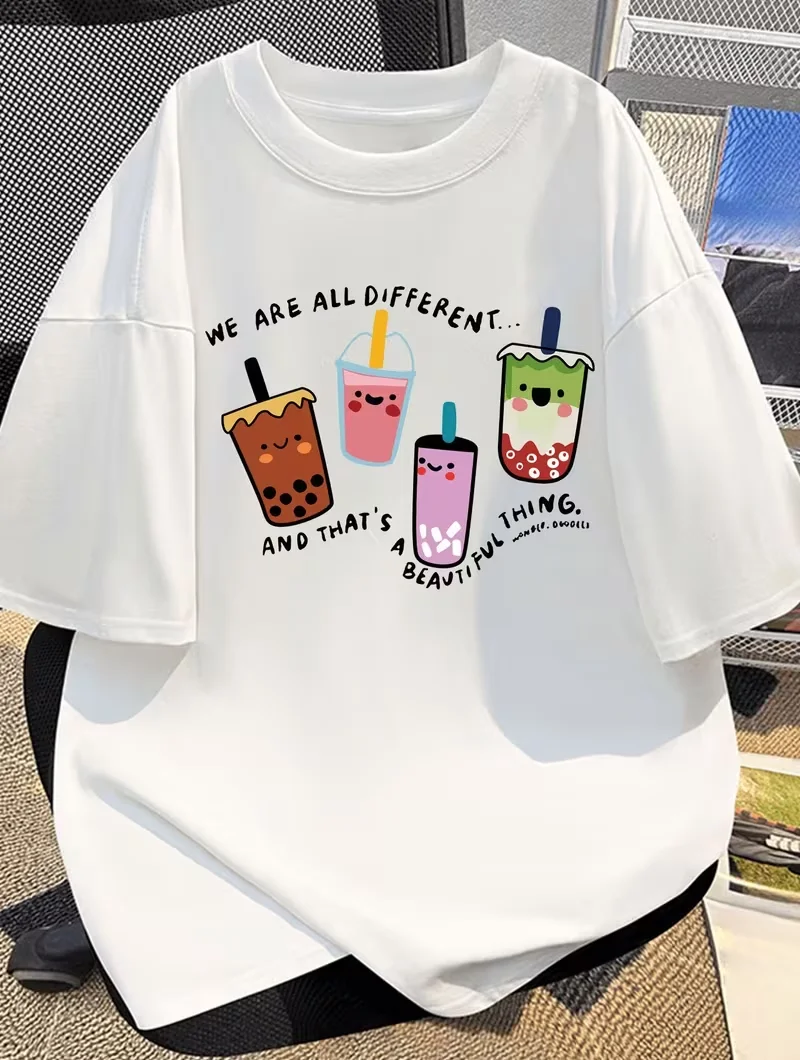 Unisex Milk Tea Print Short Sleeve T Shirt Women Casual Loose Oversized Daily Wear Streetwear Trendy Summer Blouse