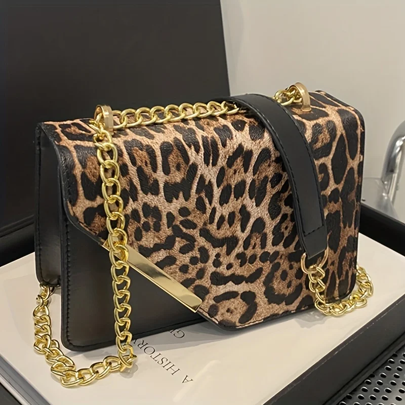 Women's Leopard Print Shoulder Bag Fixed Strap Multi Compartment Work Shopping Crossbody Purse