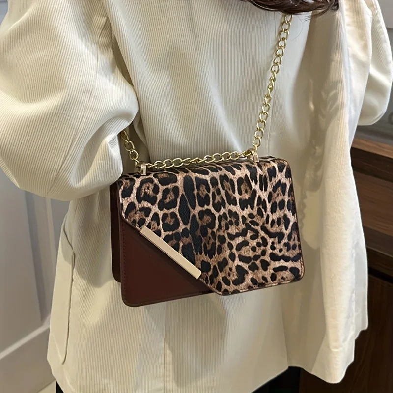 Women's Leopard Print Shoulder Bag Fixed Strap Multi Compartment Work Shopping Crossbody Purse