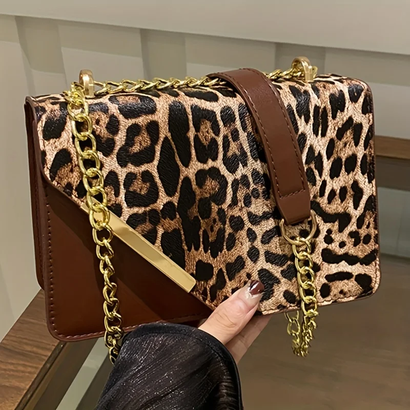 Women's Leopard Print Shoulder Bag Fixed Strap Multi Compartment Work Shopping Crossbody Purse