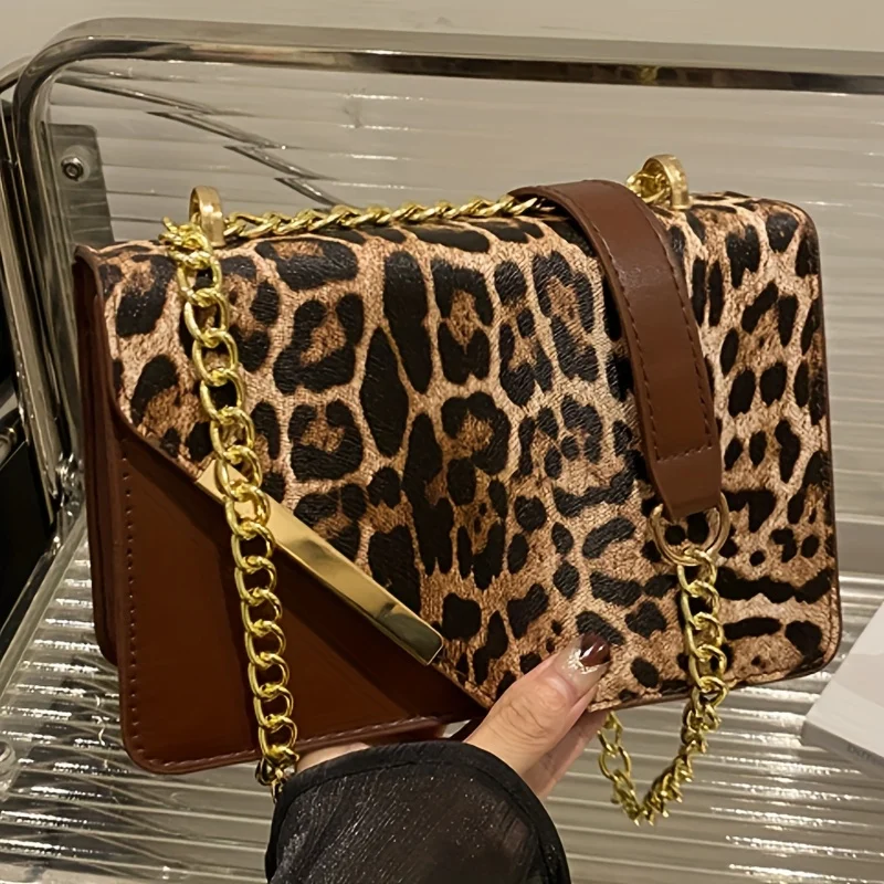 Women's Leopard Print Shoulder Bag Fixed Strap Multi Compartment Work Shopping Crossbody Purse