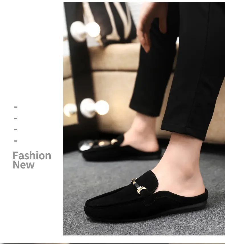 Summer Men Leather Half Slippers Comfortable Mens Loafers Breathable Casual Shoes Slip on Lazy Shoes Comfortable Walking Shoes
