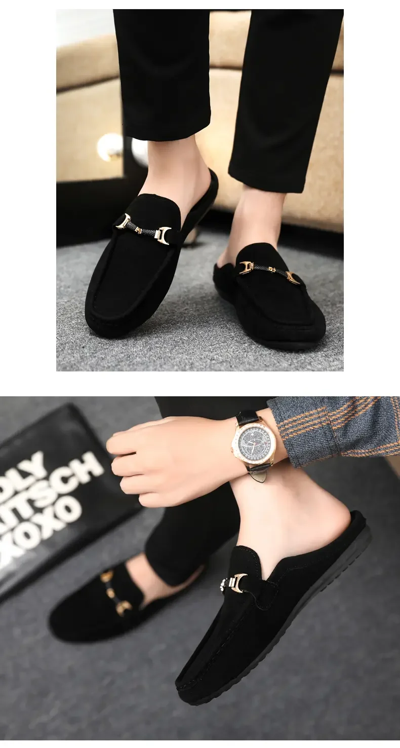 Summer Men Leather Half Slippers Comfortable Mens Loafers Breathable Casual Shoes Slip on Lazy Shoes Comfortable Walking Shoes