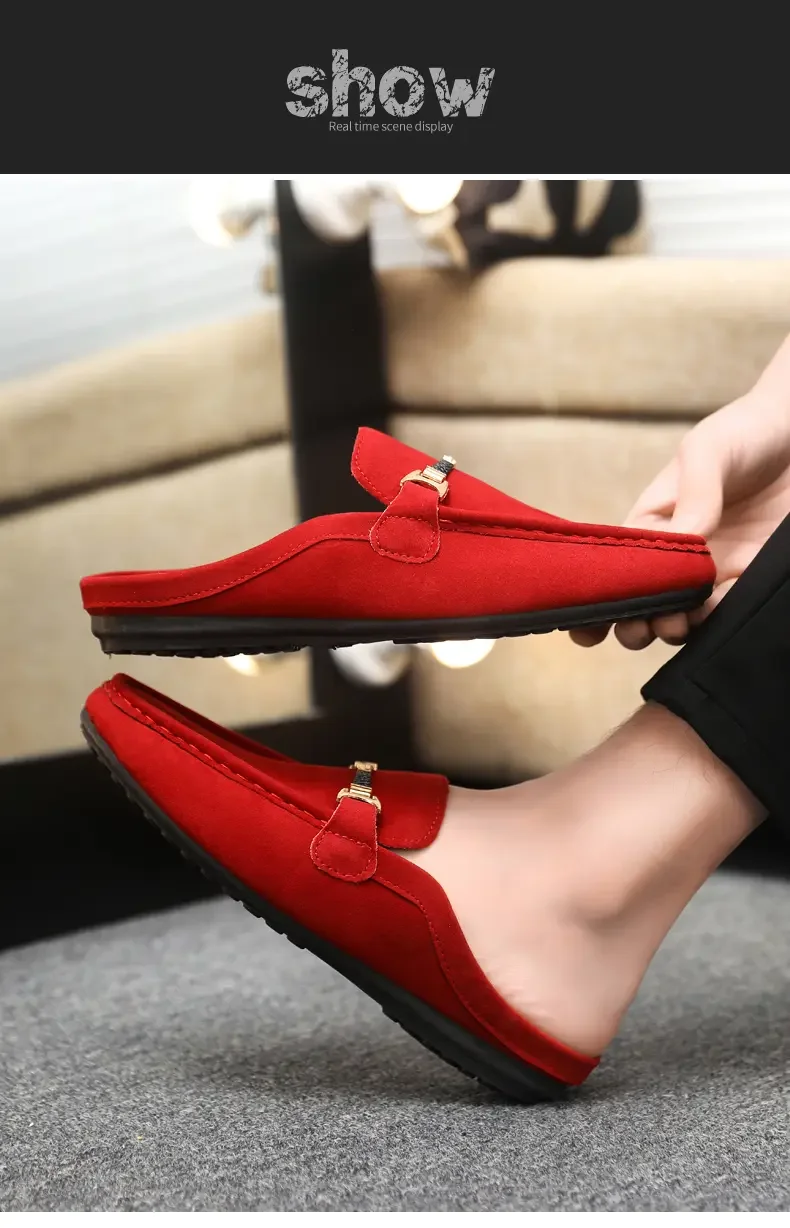 Summer Men Leather Half Slippers Comfortable Mens Loafers Breathable Casual Shoes Slip on Lazy Shoes Comfortable Walking Shoes