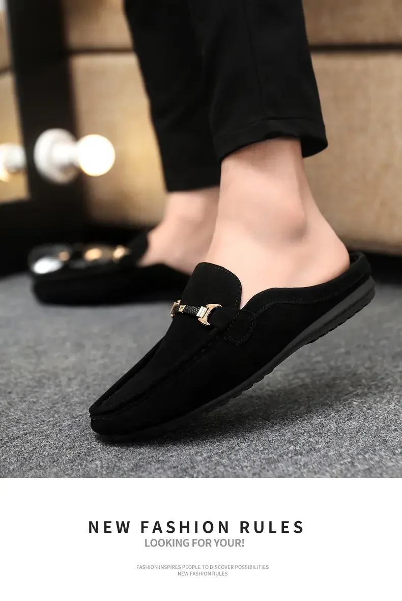 Summer Men Leather Half Slippers Comfortable Mens Loafers Breathable Casual Shoes Slip on Lazy Shoes Comfortable Walking Shoes