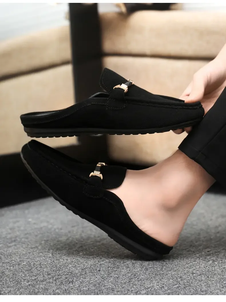 Summer Men Leather Half Slippers Comfortable Mens Loafers Breathable Casual Shoes Slip on Lazy Shoes Comfortable Walking Shoes