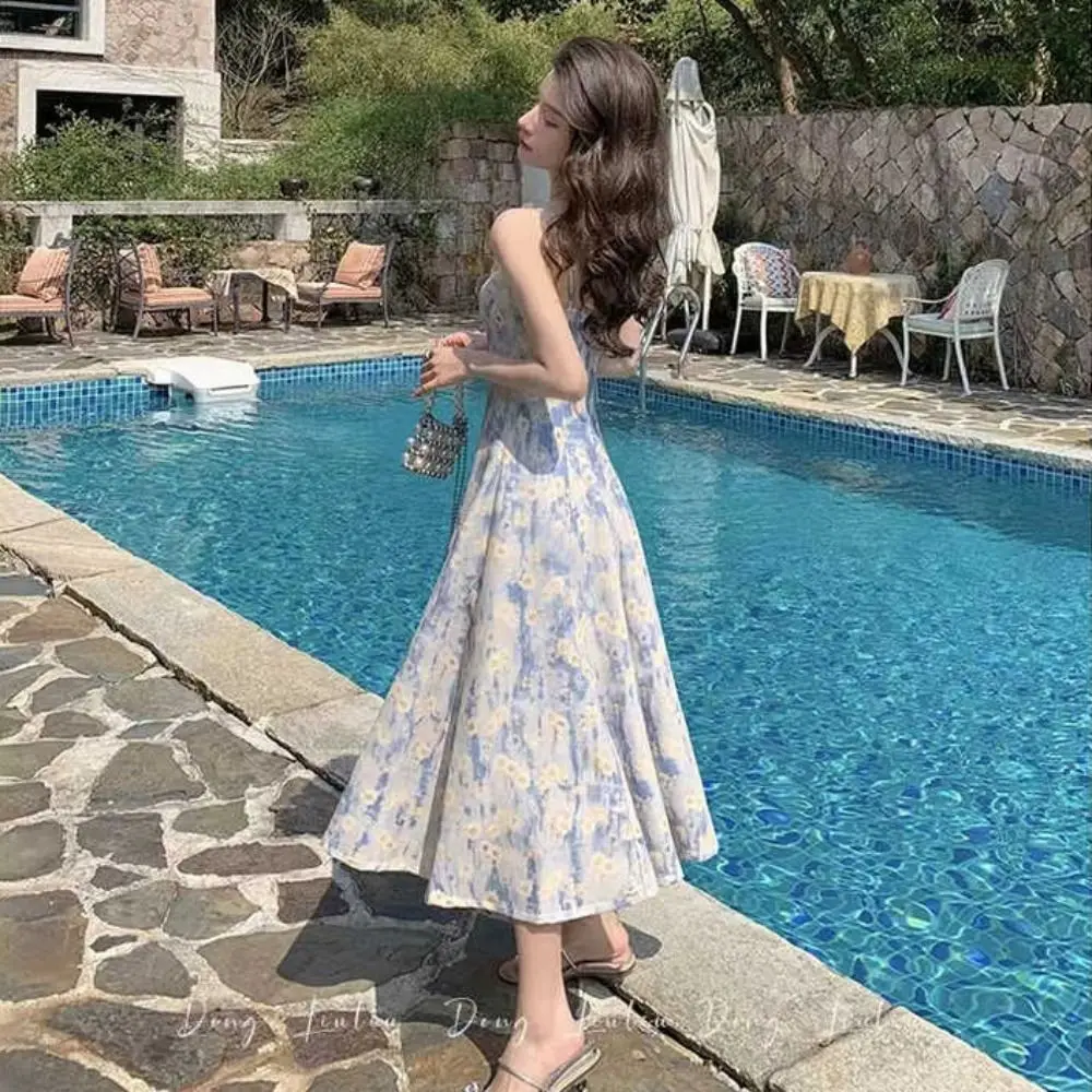 Slim Fit French Blue Oil Painting Slip Dress Waist-Cinching Spaghetti Strap Women's Floral Long Skirt Beach Vacation