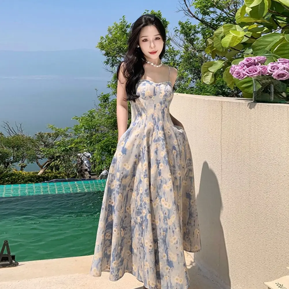 Slim Fit French Blue Oil Painting Slip Dress Waist-Cinching Spaghetti Strap Women's Floral Long Skirt Beach Vacation