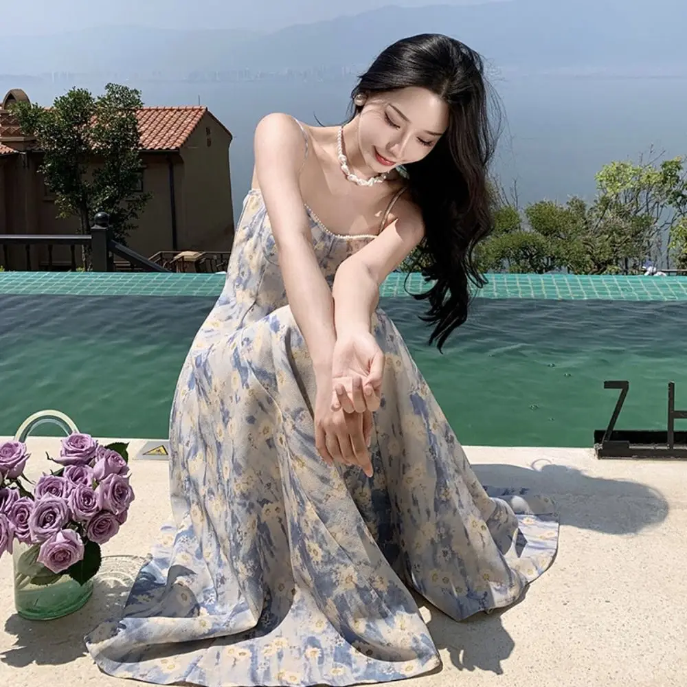 Slim Fit French Blue Oil Painting Slip Dress Waist-Cinching Spaghetti Strap Women's Floral Long Skirt Beach Vacation