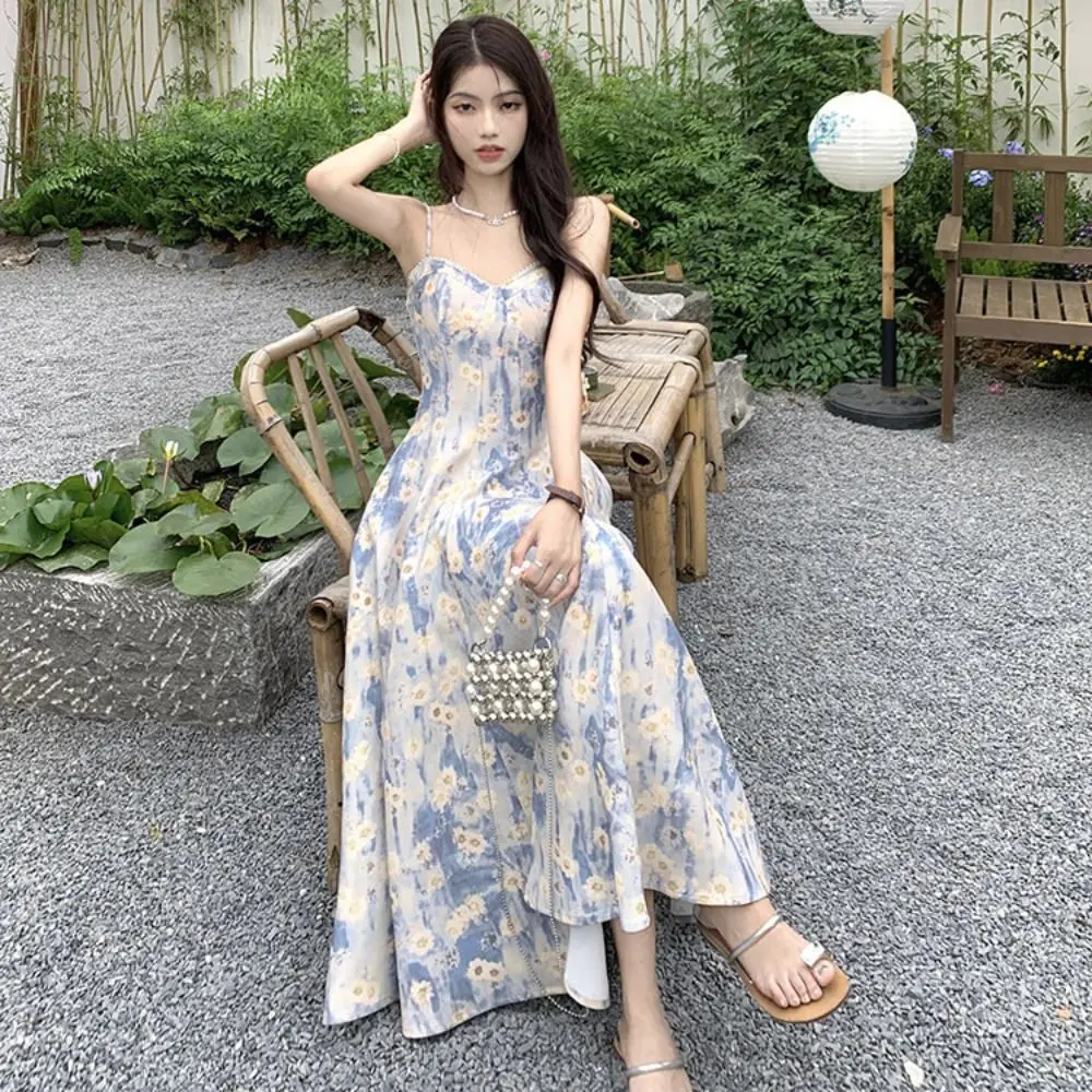 Slim Fit French Blue Oil Painting Slip Dress Waist-Cinching Spaghetti Strap Women's Floral Long Skirt Beach Vacation
