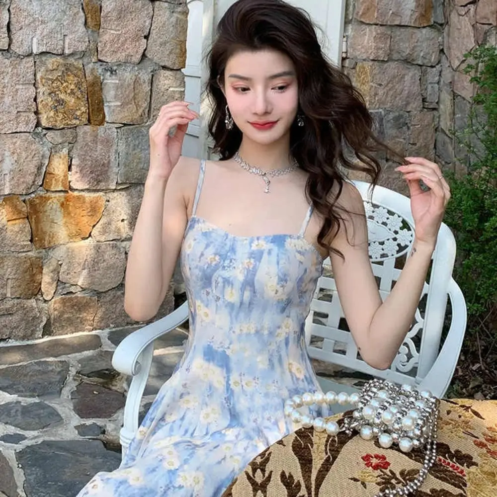 Slim Fit French Blue Oil Painting Slip Dress Waist-Cinching Spaghetti Strap Women's Floral Long Skirt Beach Vacation