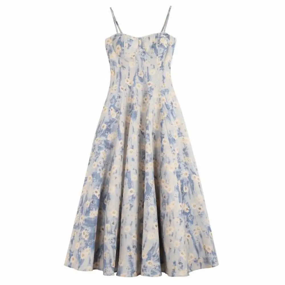 Slim Fit French Blue Oil Painting Slip Dress Waist-Cinching Spaghetti Strap Women's Floral Long Skirt Beach Vacation
