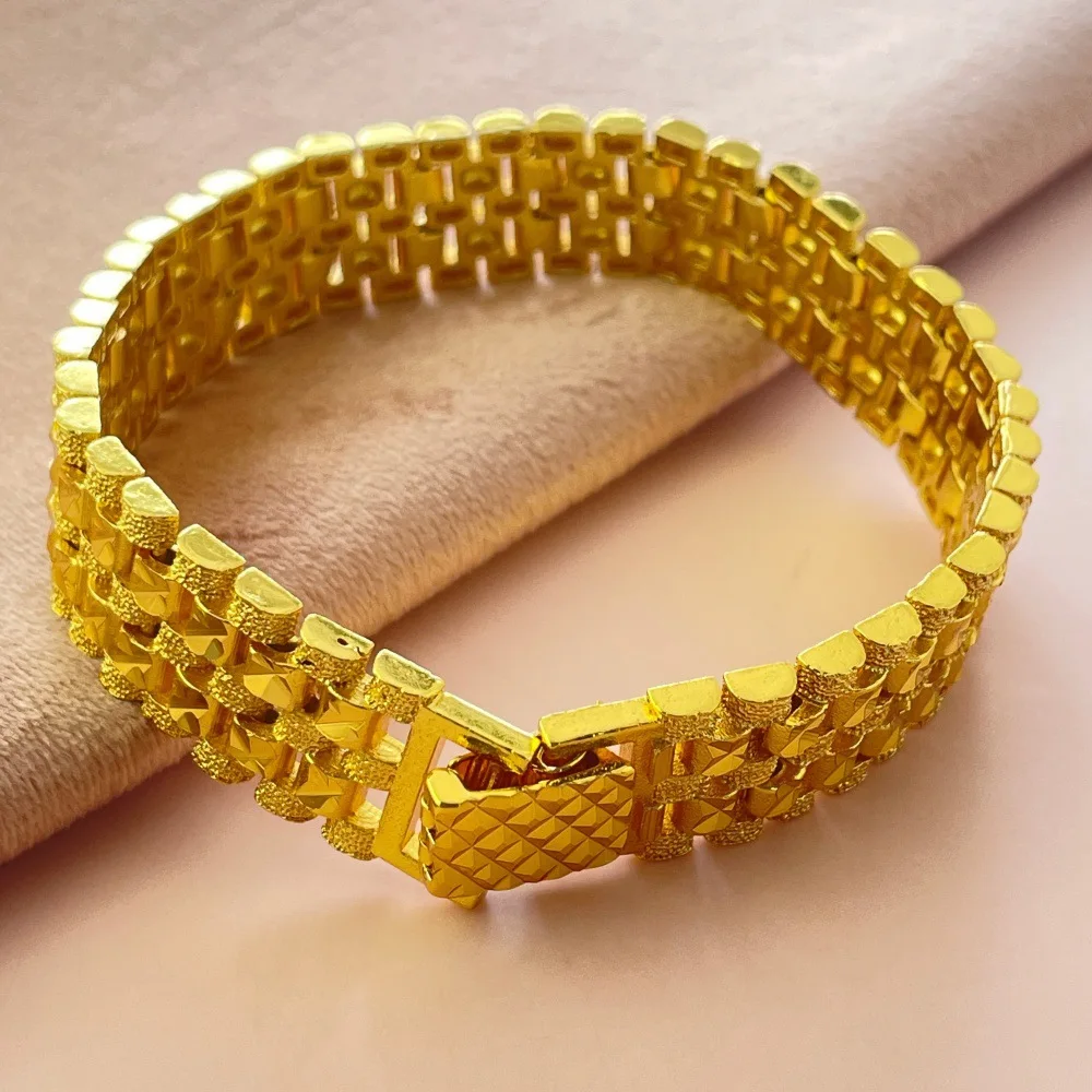 925 Silver Plated Gold Stylish Simple 16MM 22CM Strap Bracelet Birthday Party Anniversary Gift
