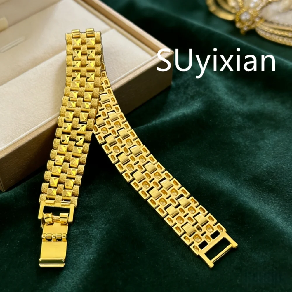 925 Silver Plated Gold Stylish Simple 16MM 22CM Strap Bracelet Birthday Party Anniversary Gift