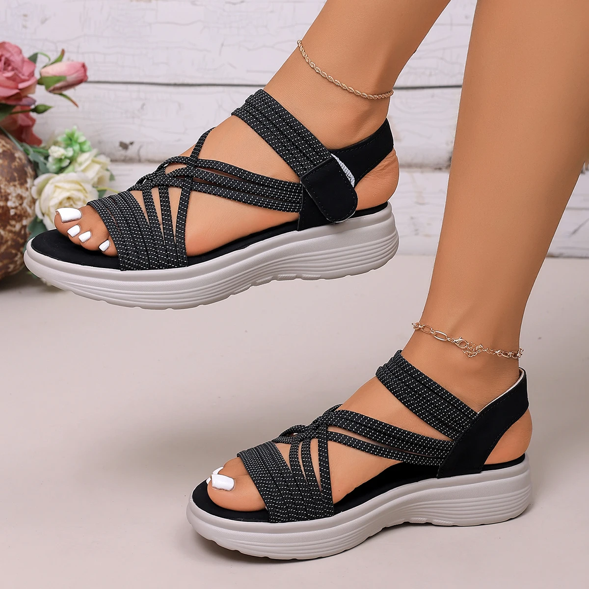 Women Sandals Non Slip Thick-Soled Wedges Shoes for Women Summer Outdoor Casual Sandals Fashion Open Toe Elastic Sports Shoes