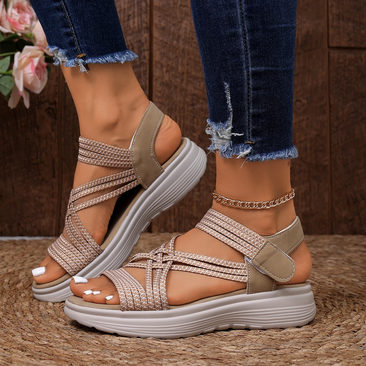 Women Sandals Non Slip Thick-Soled Wedges Shoes for Women Summer Outdoor Casual Sandals Fashion Open Toe Elastic Sports Shoes