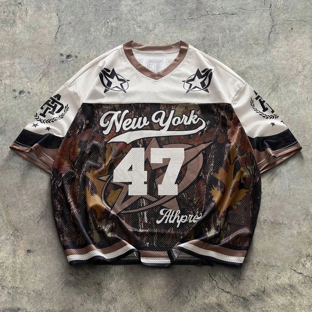 Men Summer T Shirt New York 47 Camo Jersey Tee Casual Short Sleeve V Neck Mesh Top Retro Streetwear Loose Fit Tops for Gentlemen