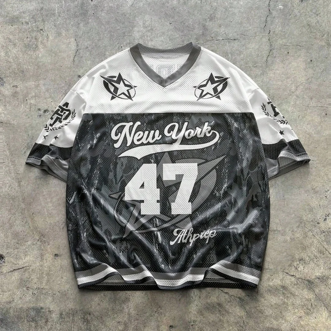 Men Summer T Shirt New York 47 Camo Jersey Tee Casual Short Sleeve V Neck Mesh Top Retro Streetwear Loose Fit Tops for Gentlemen