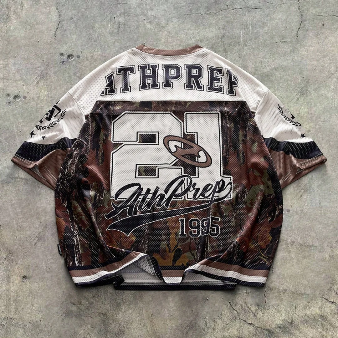 Men Summer T Shirt New York 47 Camo Jersey Tee Casual Short Sleeve V Neck Mesh Top Retro Streetwear Loose Fit Tops for Gentlemen