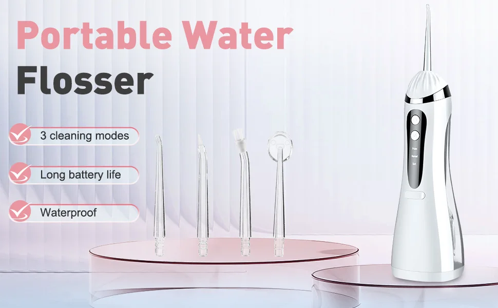 Professional Portable Cordless Water Flosserfor Teeth, Rechargeable Oral Irrigator with 3 Modes IPX6 Waterproof 4 Dental Nozzles