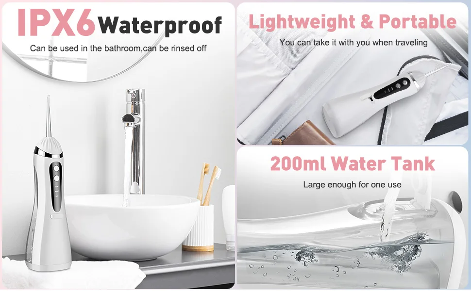 Professional Portable Cordless Water Flosserfor Teeth, Rechargeable Oral Irrigator with 3 Modes IPX6 Waterproof 4 Dental Nozzles